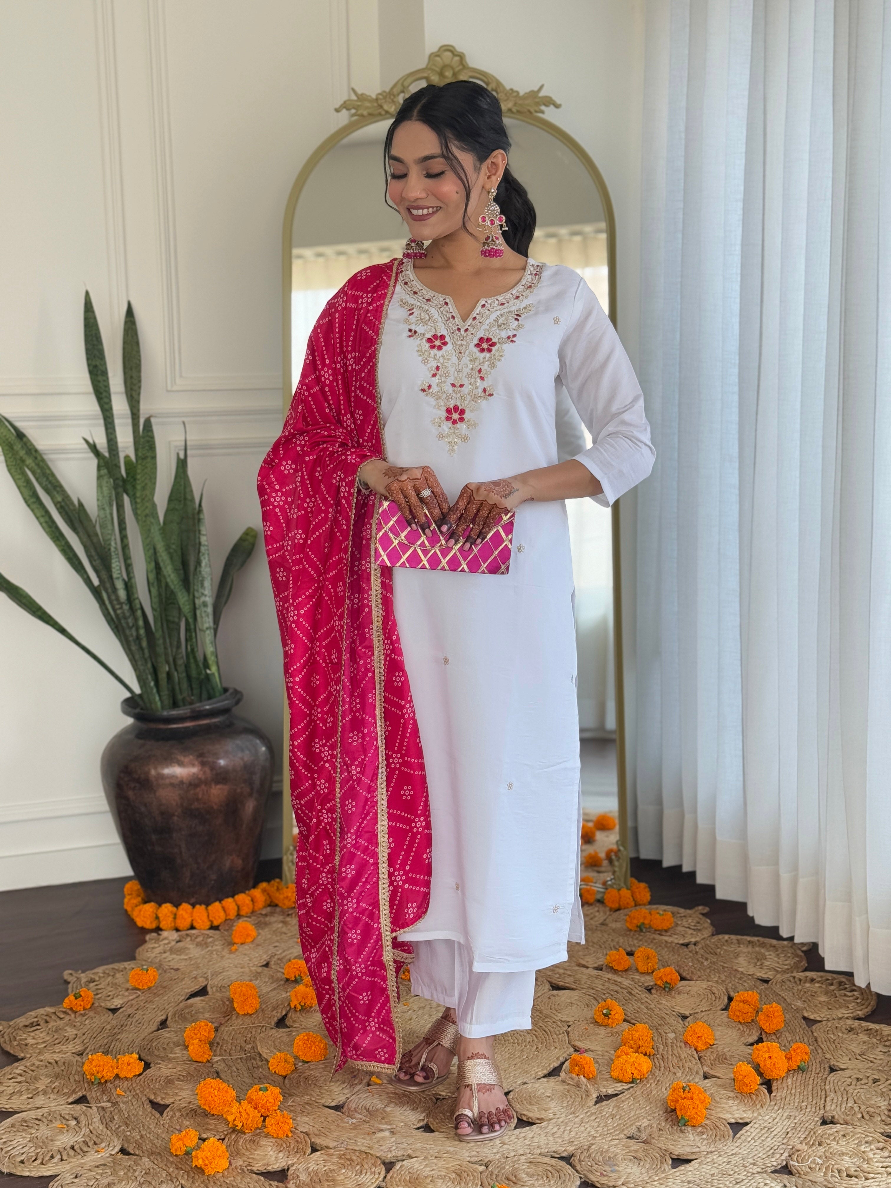 Women’s White Viscose Embroidered Straight Kurta Set with BSY Pant & Silk Blend Laced Dupatta