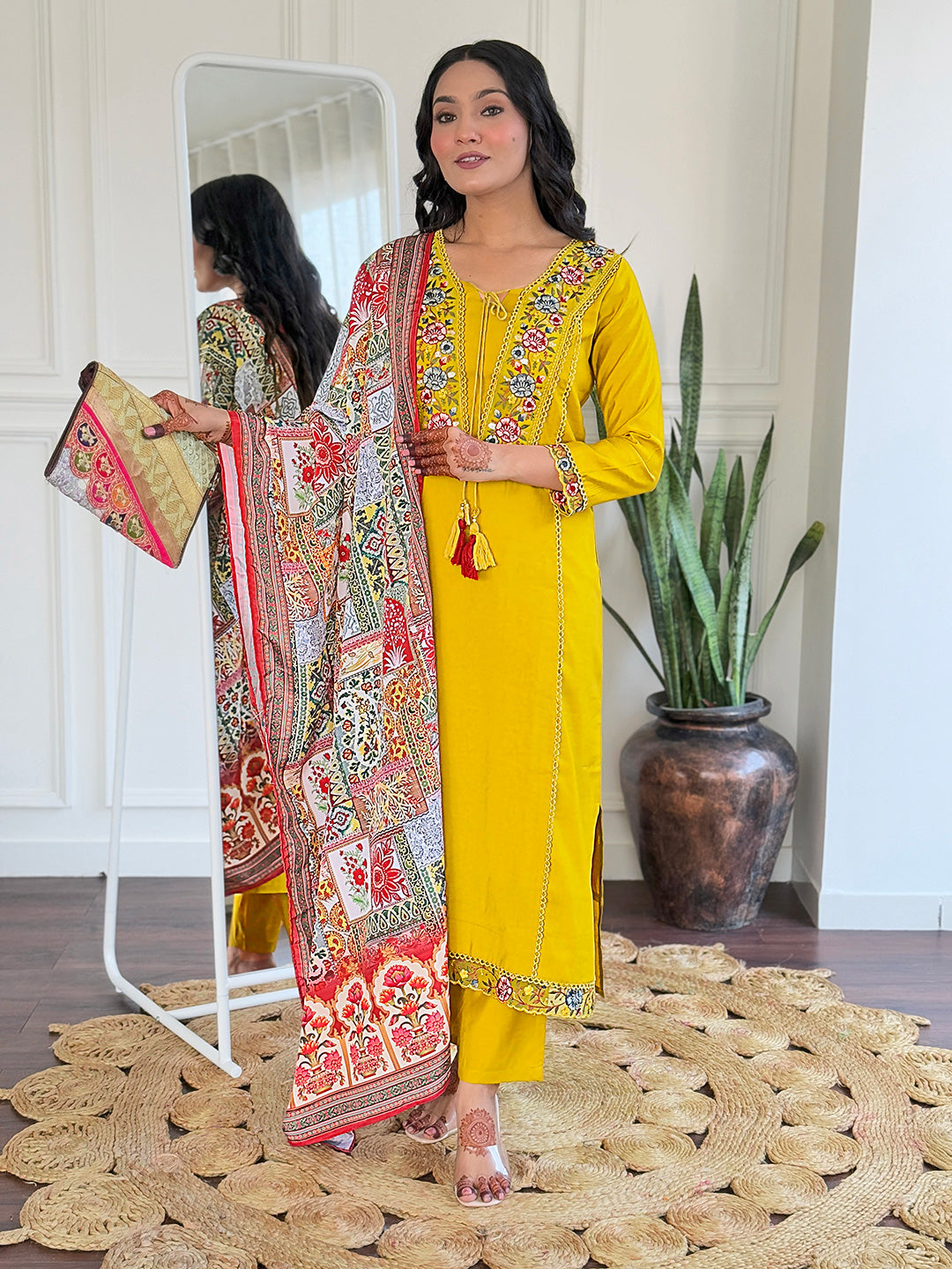 Women’s Yellow Ethnic Viscose Kurta Set with Embroidery, BSY Pant & Art Silk Printed Dupatta