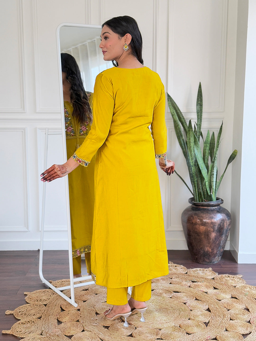 Women’s Yellow Ethnic Viscose Kurta Set with Embroidery, BSY Pant & Art Silk Printed Dupatta