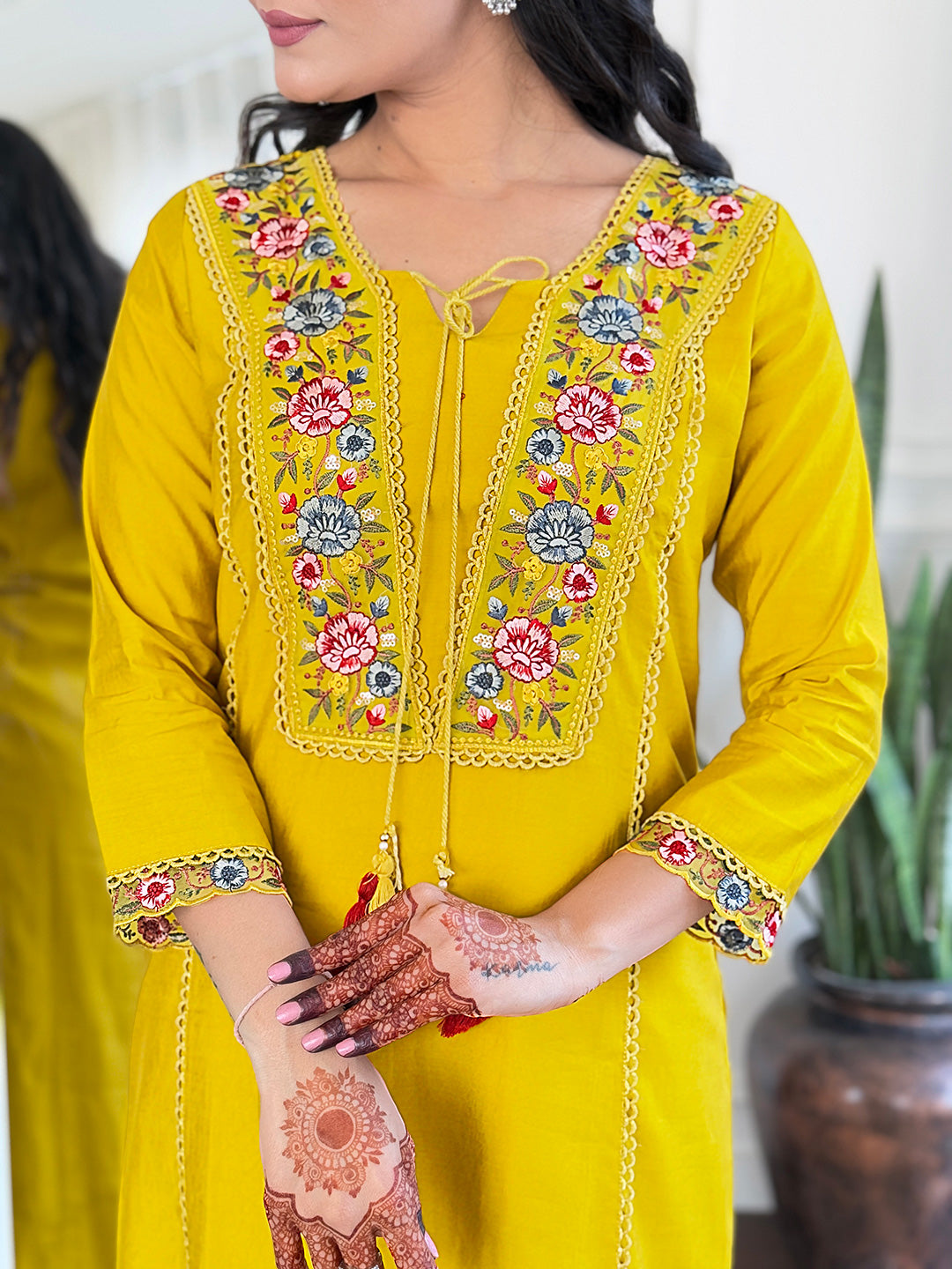Women’s Yellow Ethnic Viscose Kurta Set with Embroidery, BSY Pant & Art Silk Printed Dupatta