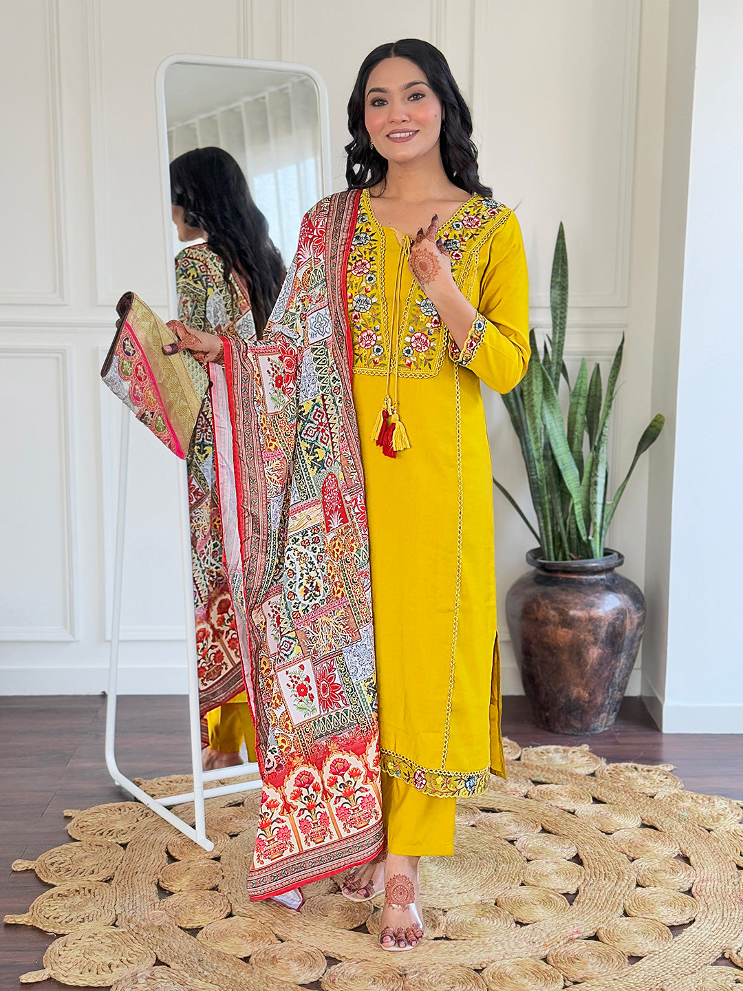 Women’s Yellow Ethnic Viscose Kurta Set with Embroidery, BSY Pant & Art Silk Printed Dupatta