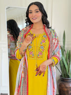 Women’s Yellow Ethnic Viscose Kurta Set with Embroidery, BSY Pant & Art Silk Printed Dupatta