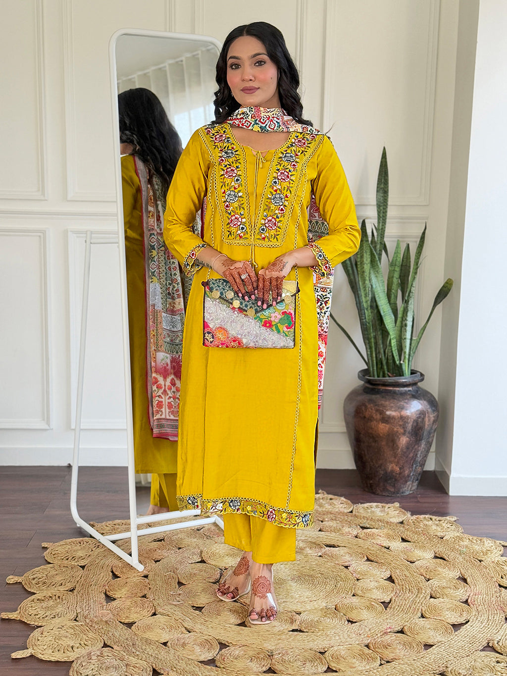 Women’s Yellow Ethnic Viscose Kurta Set with Embroidery, BSY Pant & Art Silk Printed Dupatta