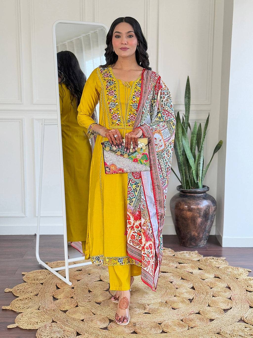 Women’s Yellow Ethnic Viscose Kurta Set with Embroidery, BSY Pant & Art Silk Printed Dupatta