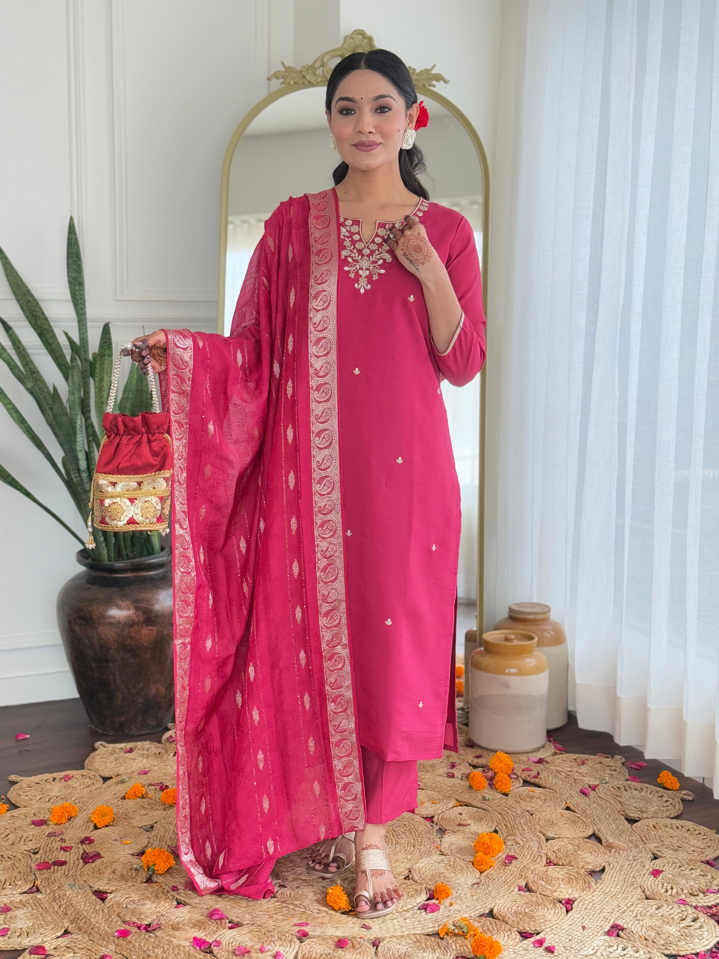 Women’s Rani Pink Viscose Silk Embroidered Straight Kurta Set with Pant & Viscose Jacquard Printed Dupatta