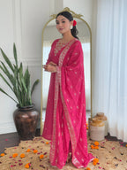 Women’s Rani Pink Viscose Silk Embroidered Straight Kurta Set with Pant & Viscose Jacquard Printed Dupatta