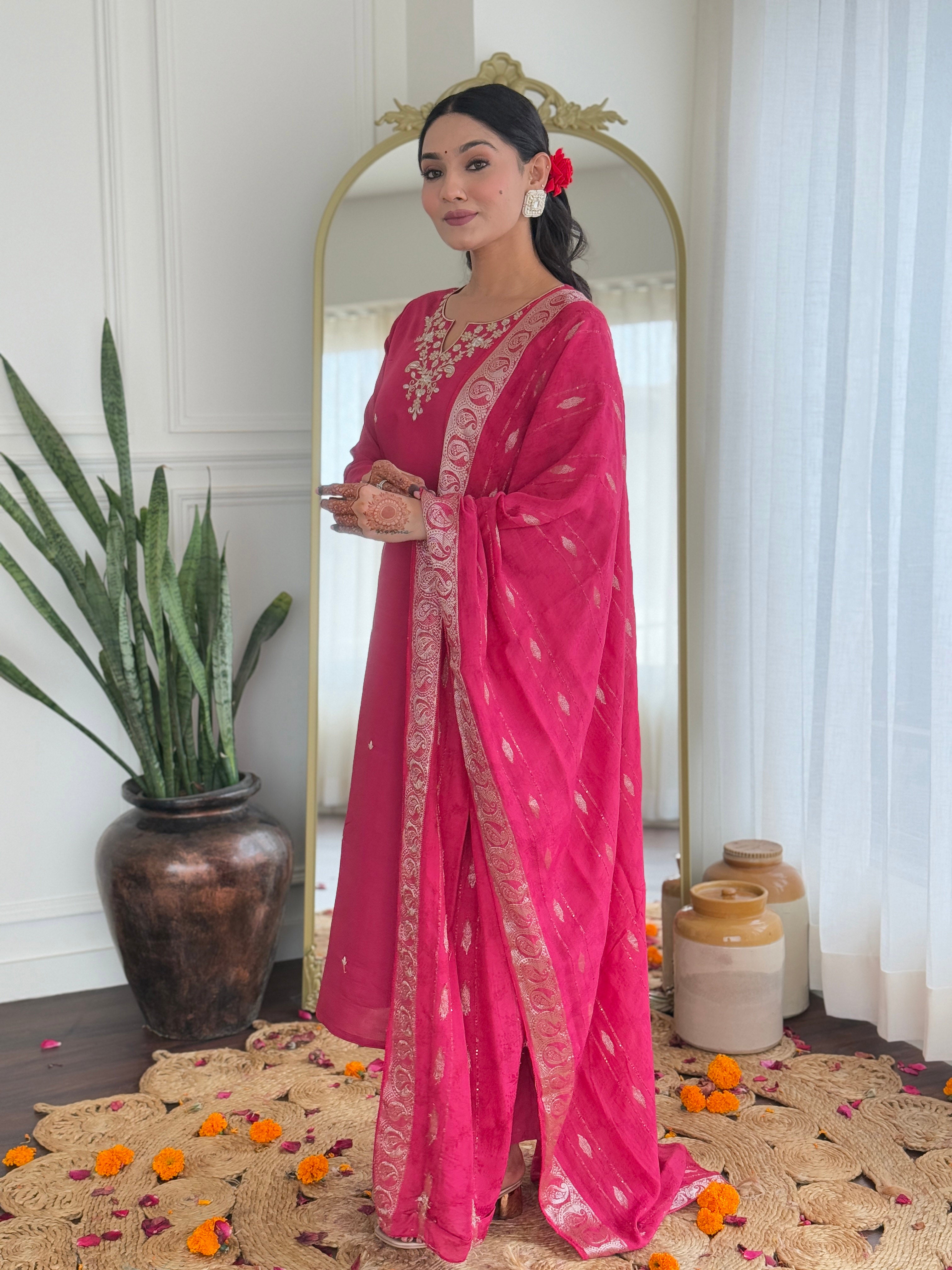 Women’s Rani Pink Viscose Silk Embroidered Straight Kurta Set with Pant & Viscose Jacquard Printed Dupatta