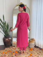 Women’s Rani Pink Viscose Silk Embroidered Straight Kurta Set with Pant & Viscose Jacquard Printed Dupatta