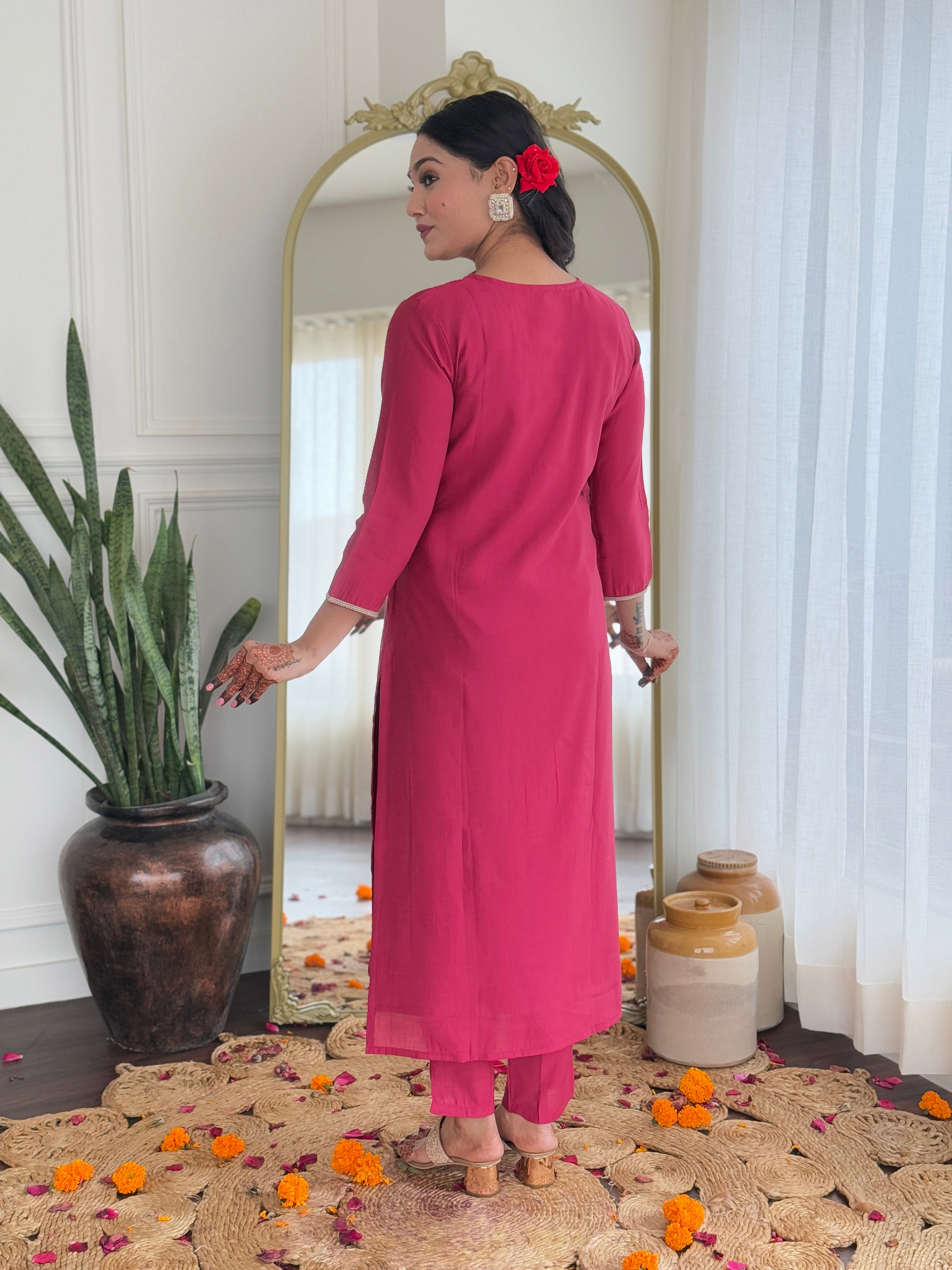 Women’s Rani Pink Viscose Silk Embroidered Straight Kurta Set with Pant & Viscose Jacquard Printed Dupatta