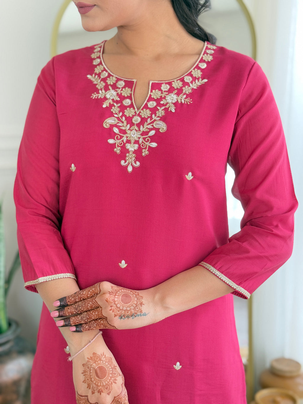 Women’s Rani Pink Viscose Silk Embroidered Straight Kurta Set with Pant & Viscose Jacquard Printed Dupatta