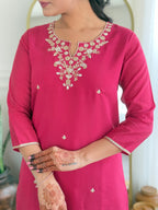 Women’s Rani Pink Viscose Silk Embroidered Straight Kurta Set with Pant & Viscose Jacquard Printed Dupatta