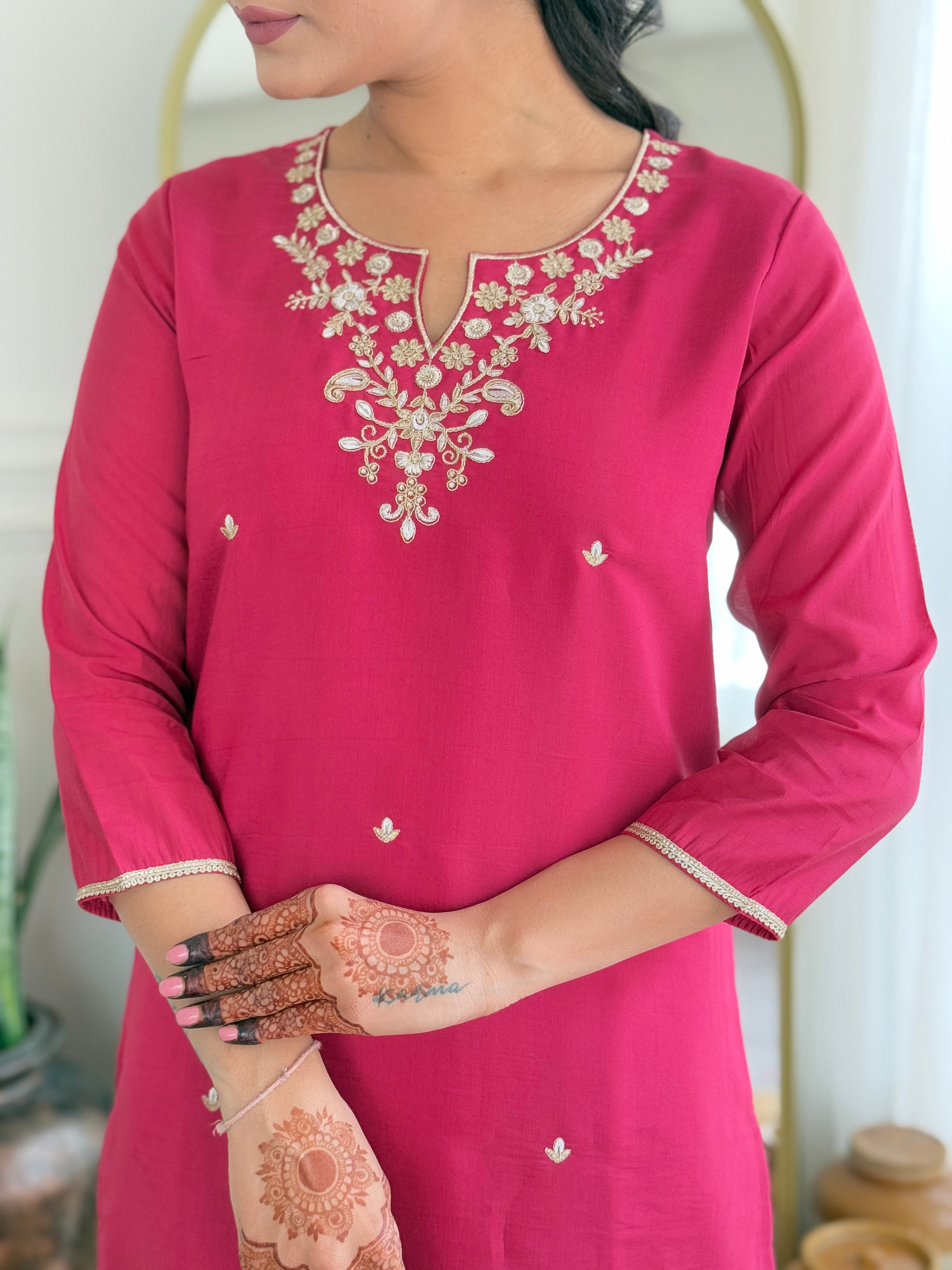 Women’s Rani Pink Viscose Silk Embroidered Straight Kurta Set with Pant & Viscose Jacquard Printed Dupatta