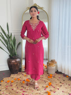 Women’s Rani Pink Viscose Silk Embroidered Straight Kurta Set with Pant & Viscose Jacquard Printed Dupatta