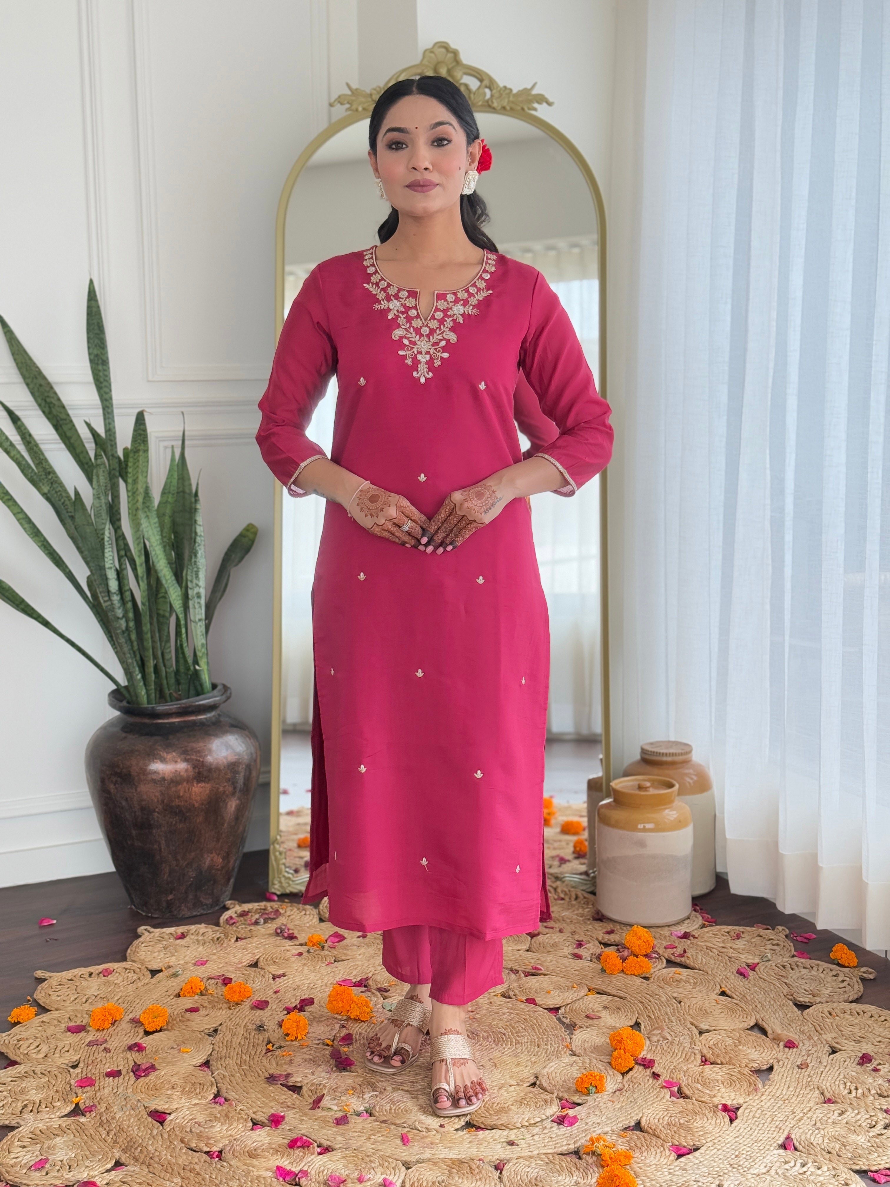 Women’s Rani Pink Viscose Silk Embroidered Straight Kurta Set with Pant & Viscose Jacquard Printed Dupatta