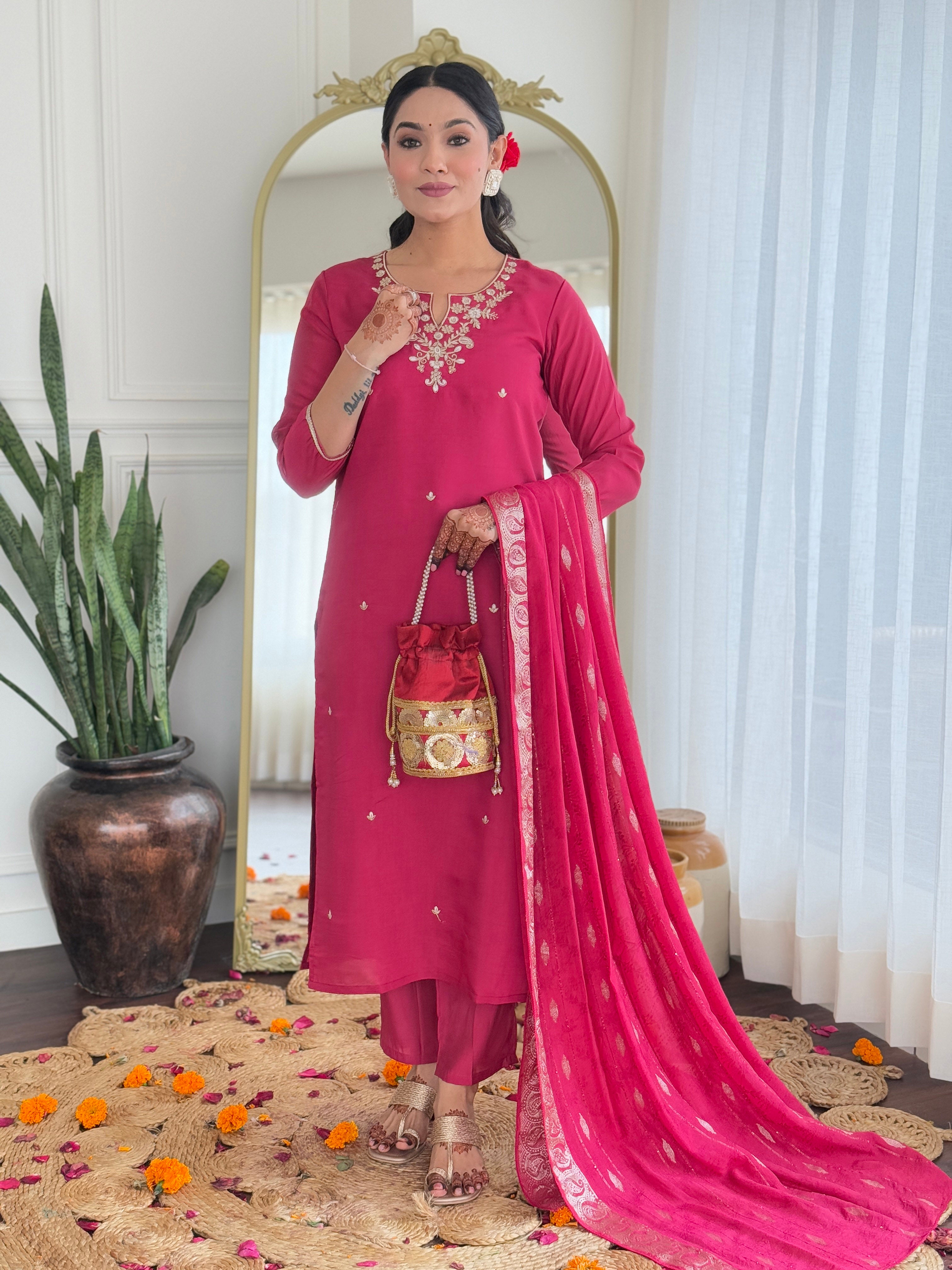 Women’s Rani Pink Viscose Silk Embroidered Straight Kurta Set with Pant & Viscose Jacquard Printed Dupatta