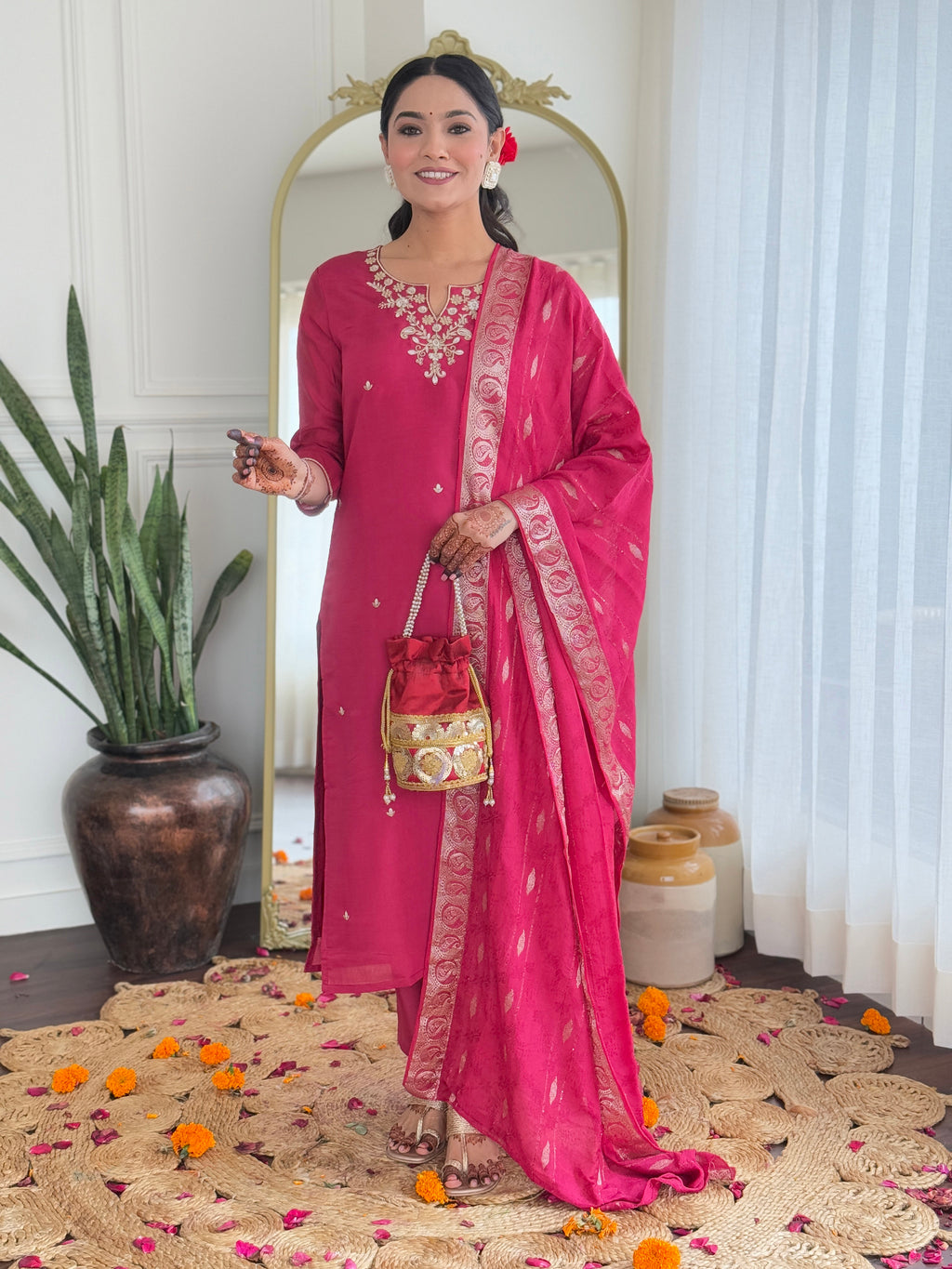 Women’s Rani Pink Viscose Silk Embroidered Straight Kurta Set with Pant & Viscose Jacquard Printed Dupatta