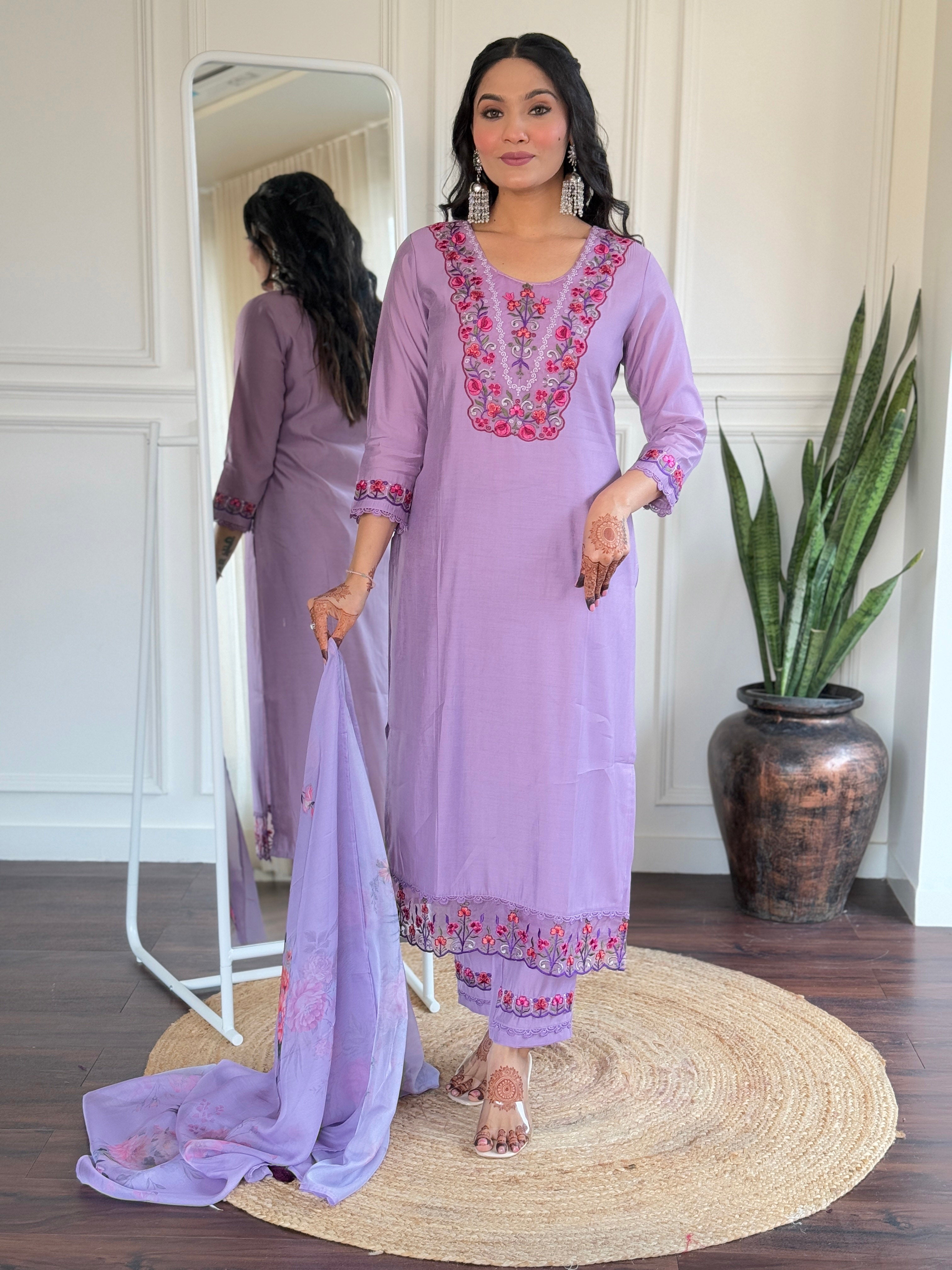 Women’s Lavender Embroidered Viscose Straight Kurta Set with BSY Pant & Stylish Tabby Printed Dupatta