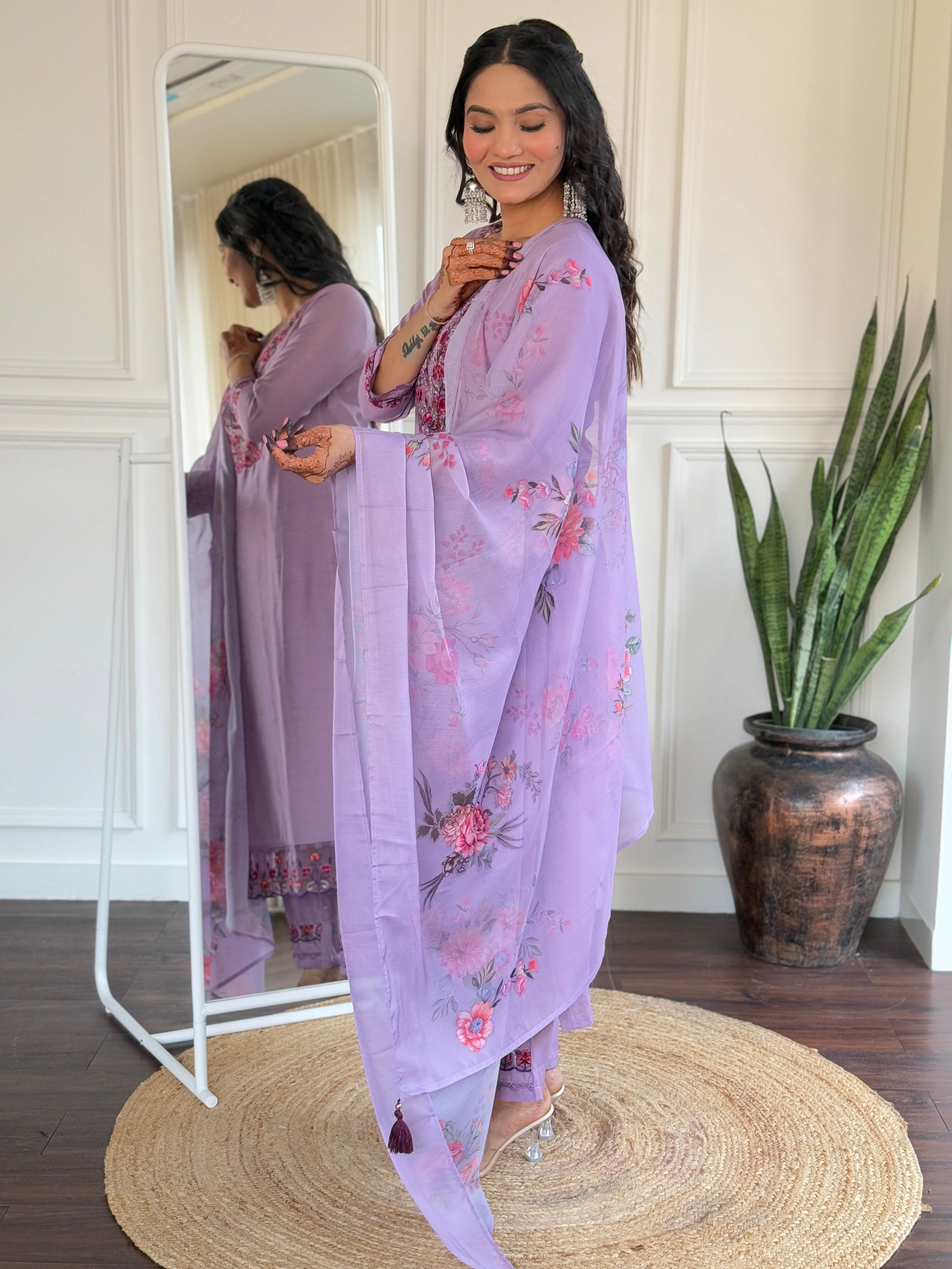 Women’s Lavender Embroidered Viscose Straight Kurta Set with BSY Pant & Stylish Tabby Printed Dupatta