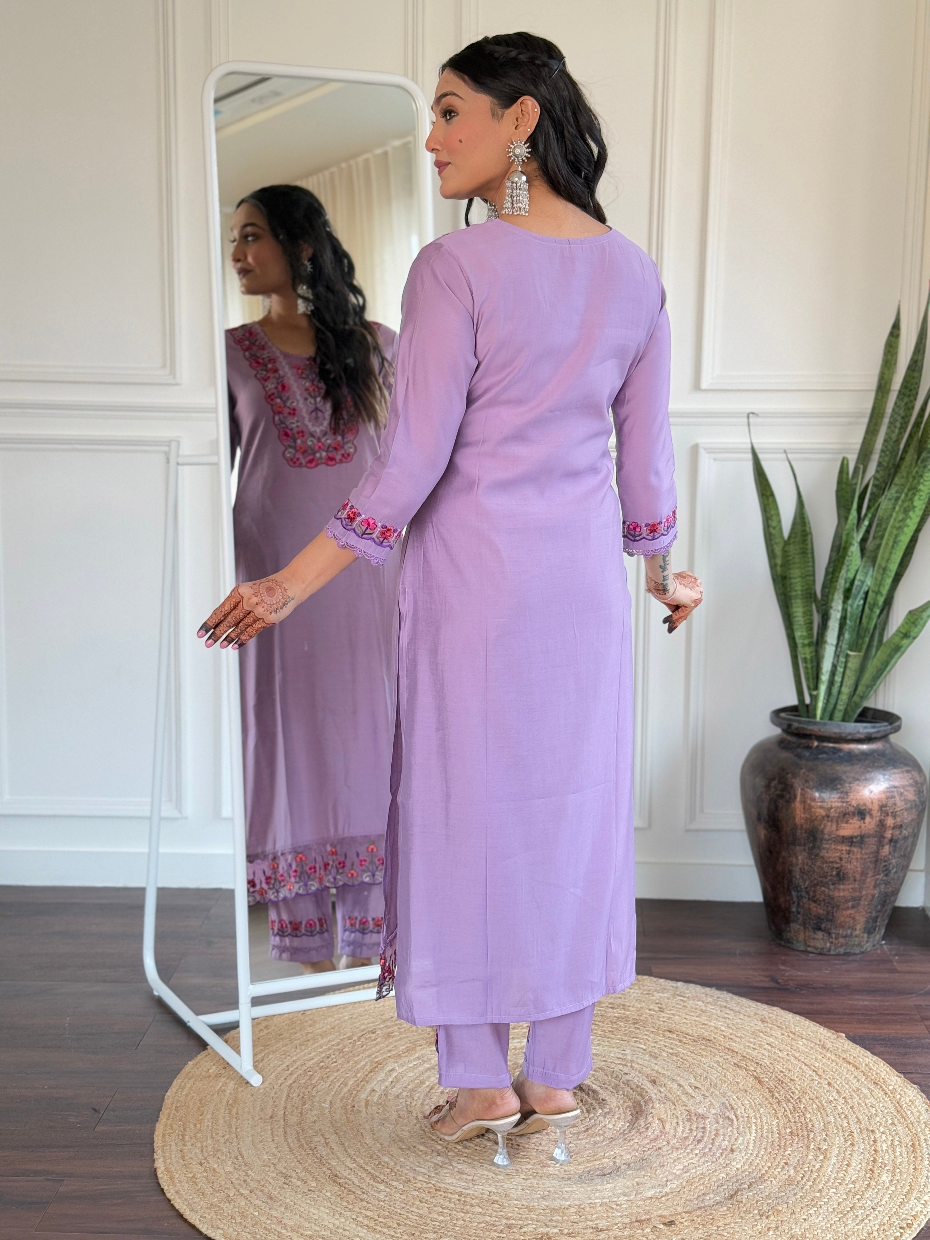 Women’s Lavender Embroidered Viscose Straight Kurta Set with BSY Pant & Stylish Tabby Printed Dupatta