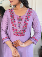 Women’s Lavender Embroidered Viscose Straight Kurta Set with BSY Pant & Stylish Tabby Printed Dupatta