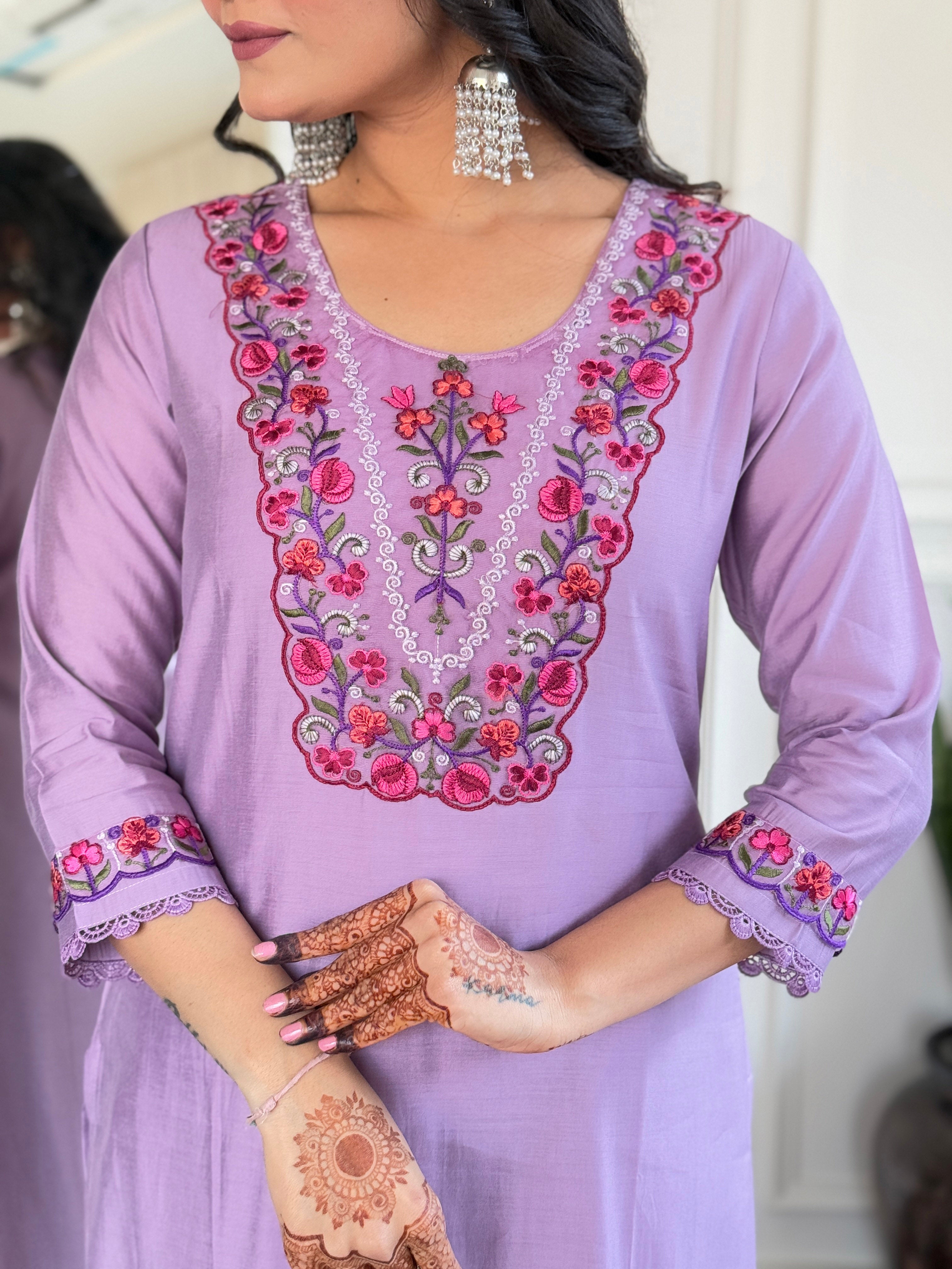 Women’s Lavender Embroidered Viscose Straight Kurta Set with BSY Pant & Stylish Tabby Printed Dupatta