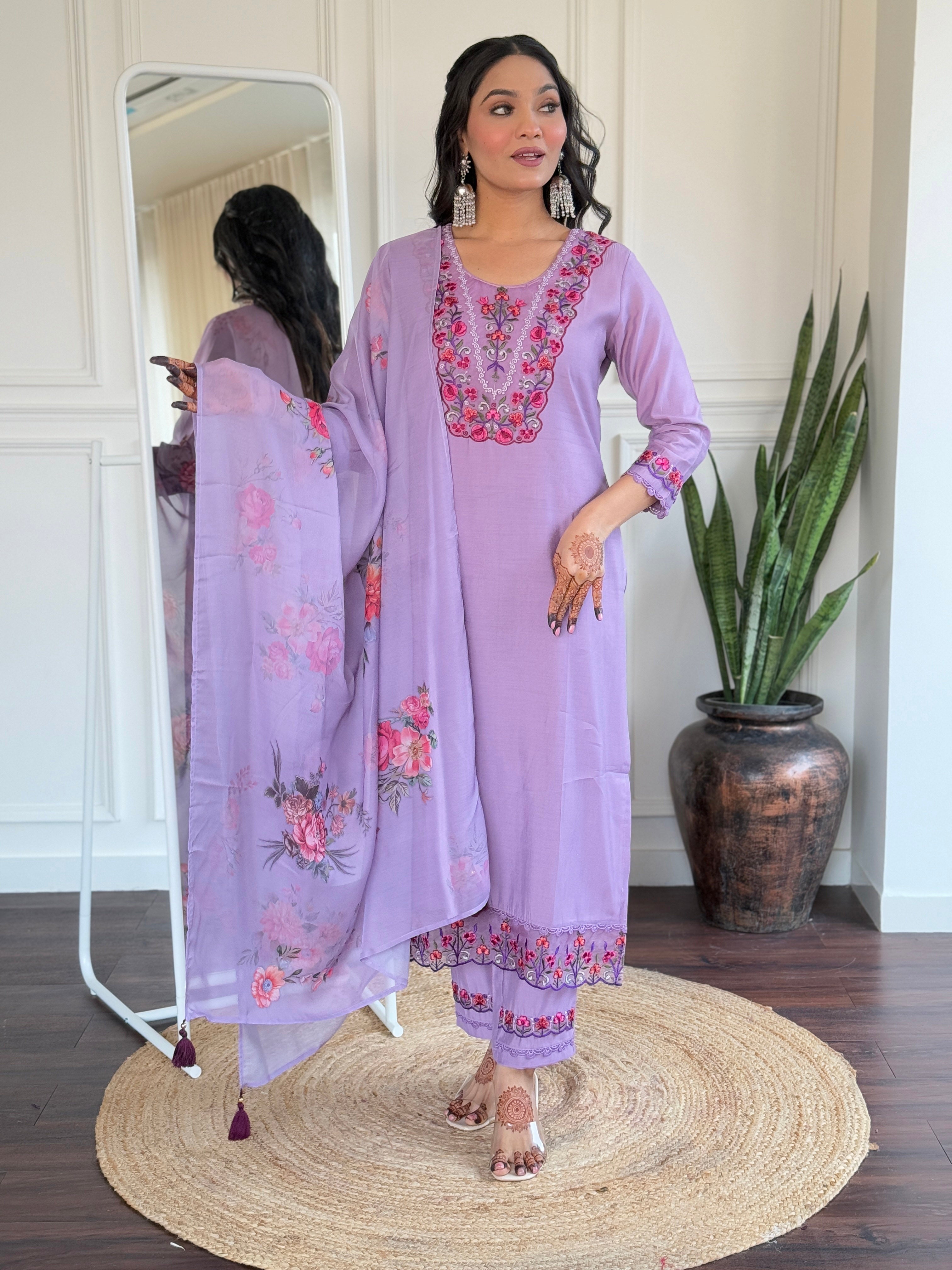 Women’s Lavender Embroidered Viscose Straight Kurta Set with BSY Pant & Stylish Tabby Printed Dupatta