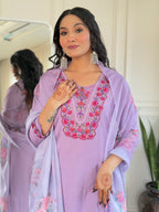 Women’s Lavender Embroidered Viscose Straight Kurta Set with BSY Pant & Stylish Tabby Printed Dupatta