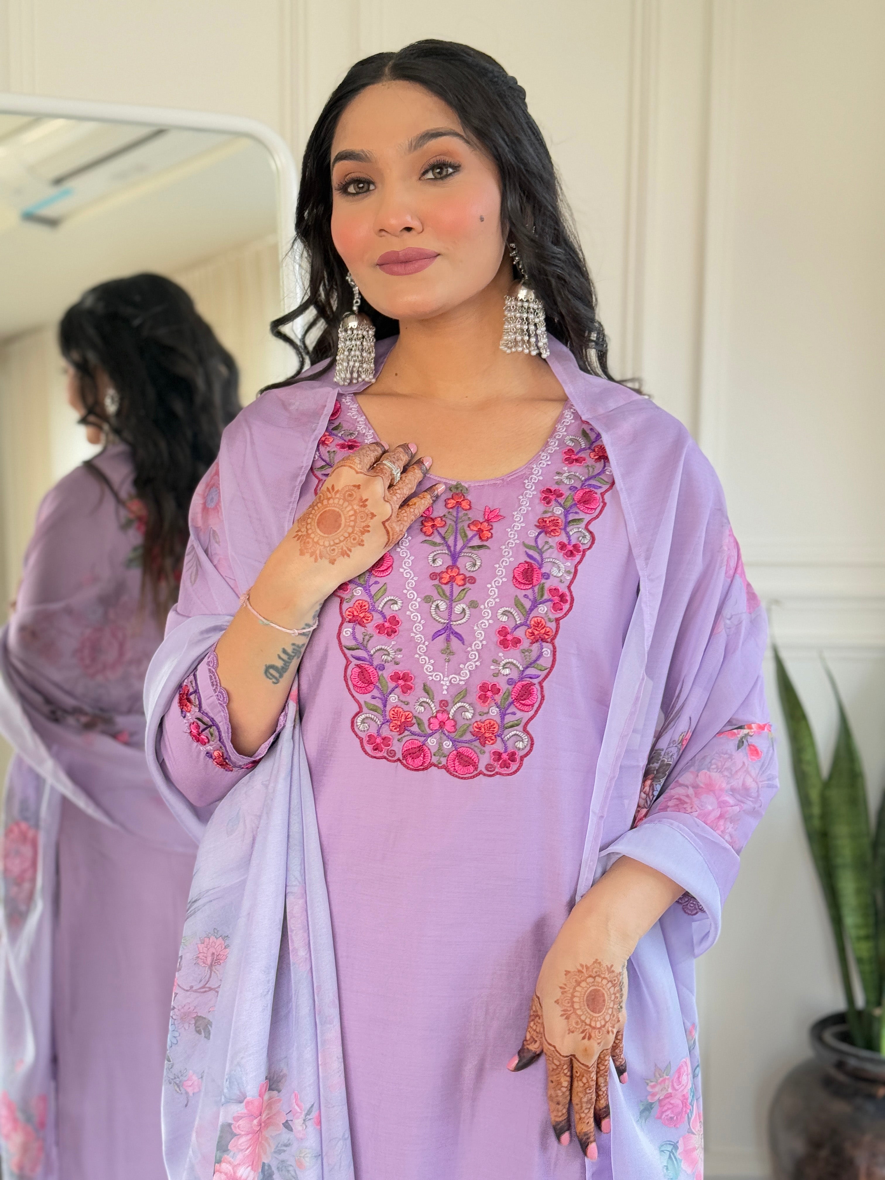 Women’s Lavender Embroidered Viscose Straight Kurta Set with BSY Pant & Stylish Tabby Printed Dupatta