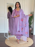 Women’s Lavender Embroidered Viscose Straight Kurta Set with BSY Pant & Stylish Tabby Printed Dupatta