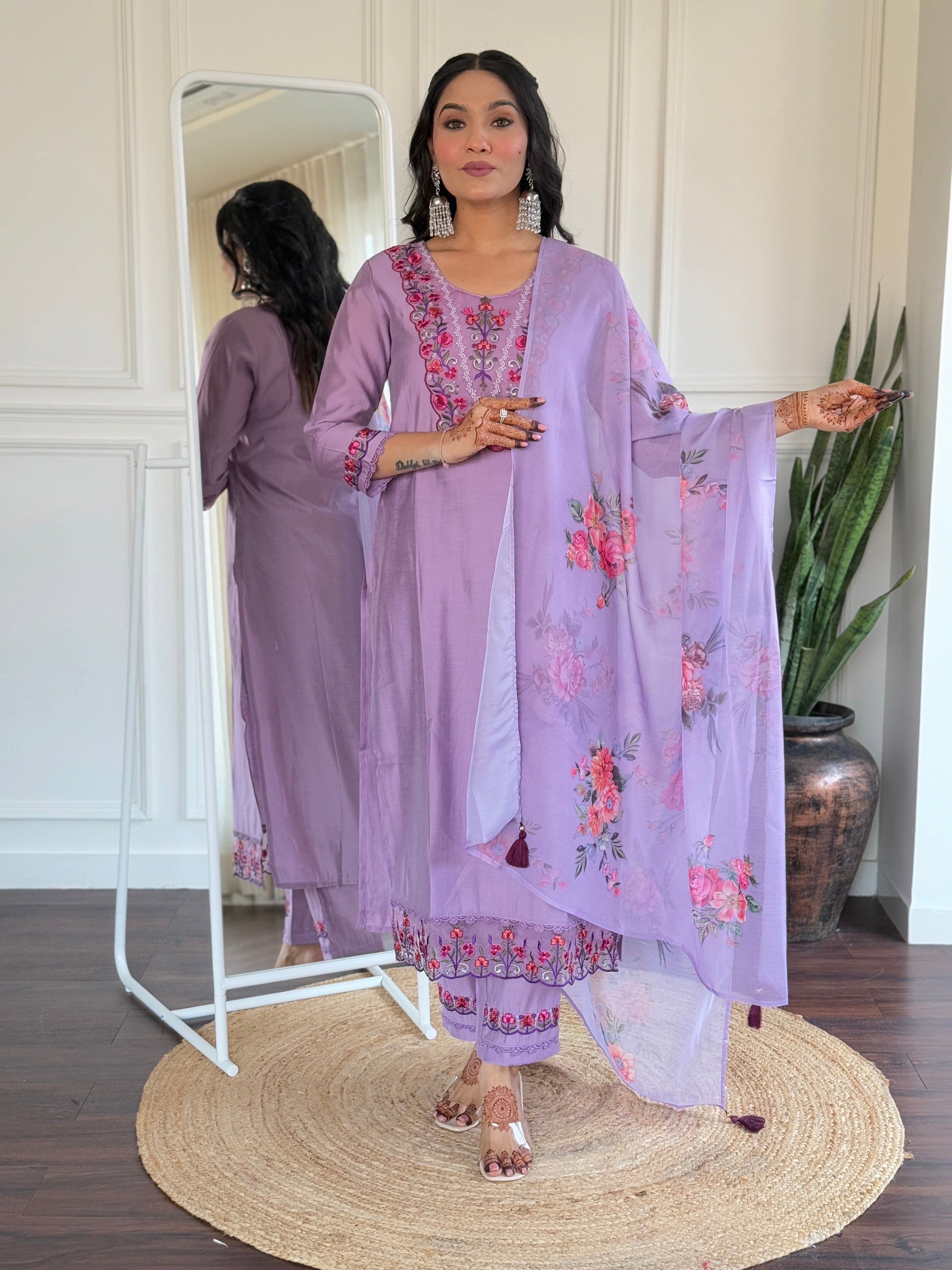 Women’s Lavender Embroidered Viscose Straight Kurta Set with BSY Pant & Stylish Tabby Printed Dupatta