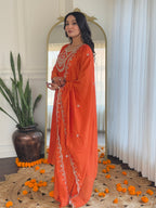 Women’s Orange Vichitra Silk Embroidered Kurta Set with Rayon Pant & Dupatta