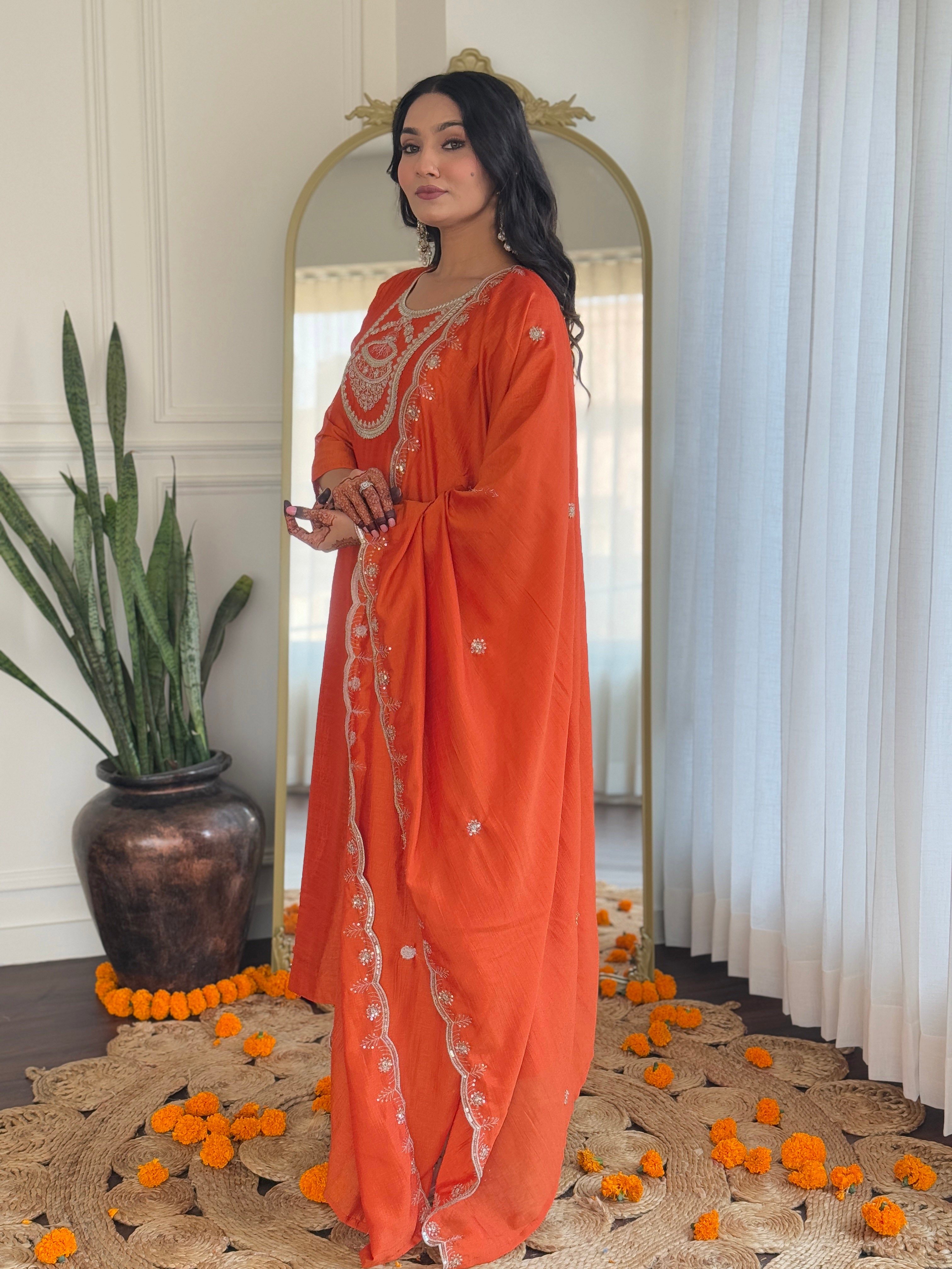 Women’s Orange Vichitra Silk Embroidered Kurta Set with Rayon Pant & Dupatta