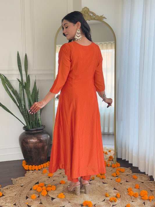 Women’s Orange Vichitra Silk Embroidered Kurta Set with Rayon Pant & Dupatta
