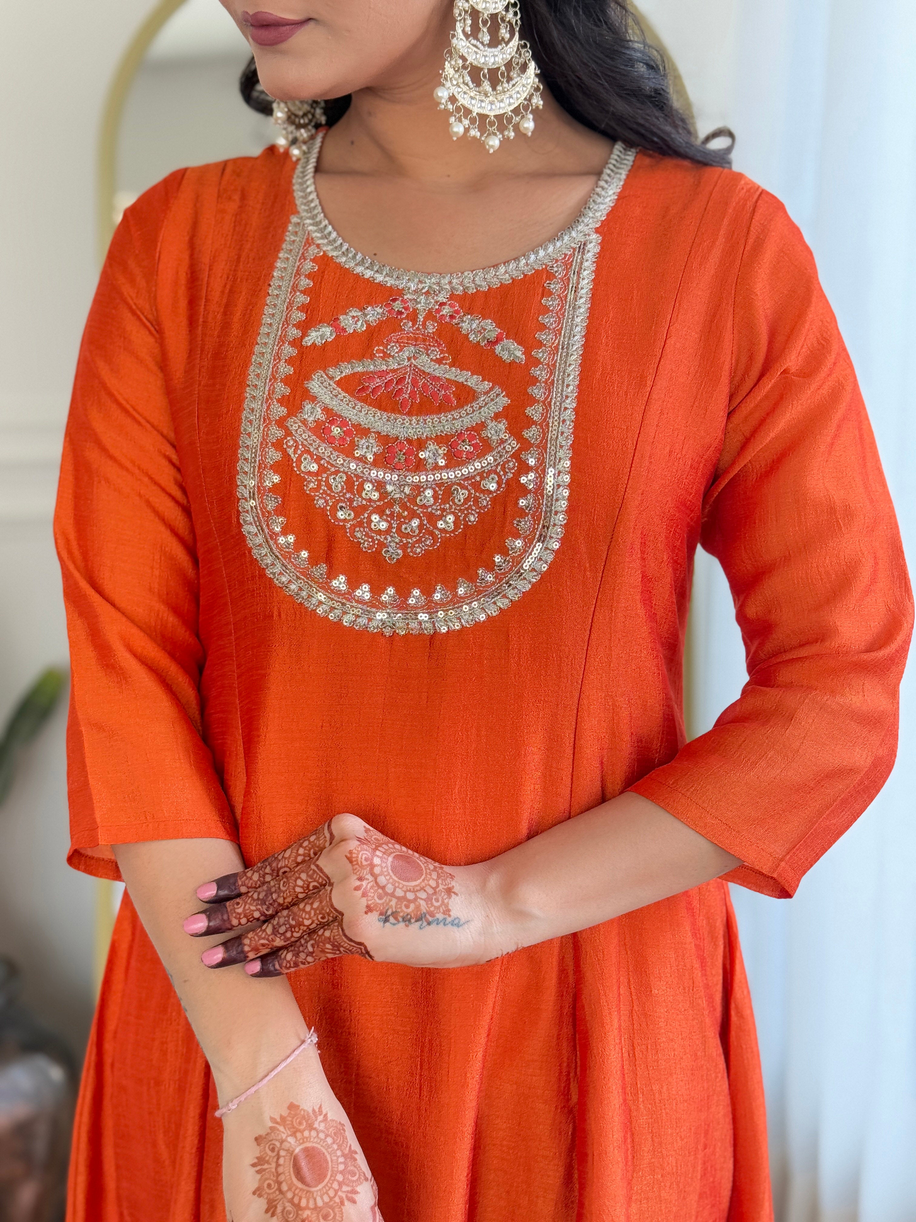 Women’s Orange Vichitra Silk Embroidered Kurta Set with Rayon Pant & Dupatta