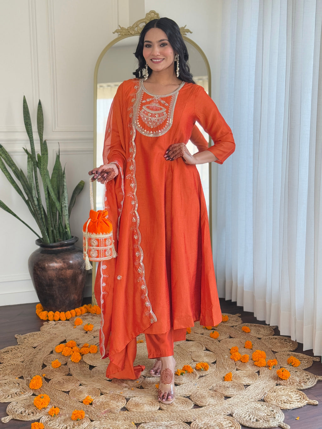 Women’s Orange Vichitra Silk Embroidered Kurta Set with Rayon Pant & Dupatta