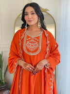 Women’s Orange Vichitra Silk Embroidered Kurta Set with Rayon Pant & Dupatta