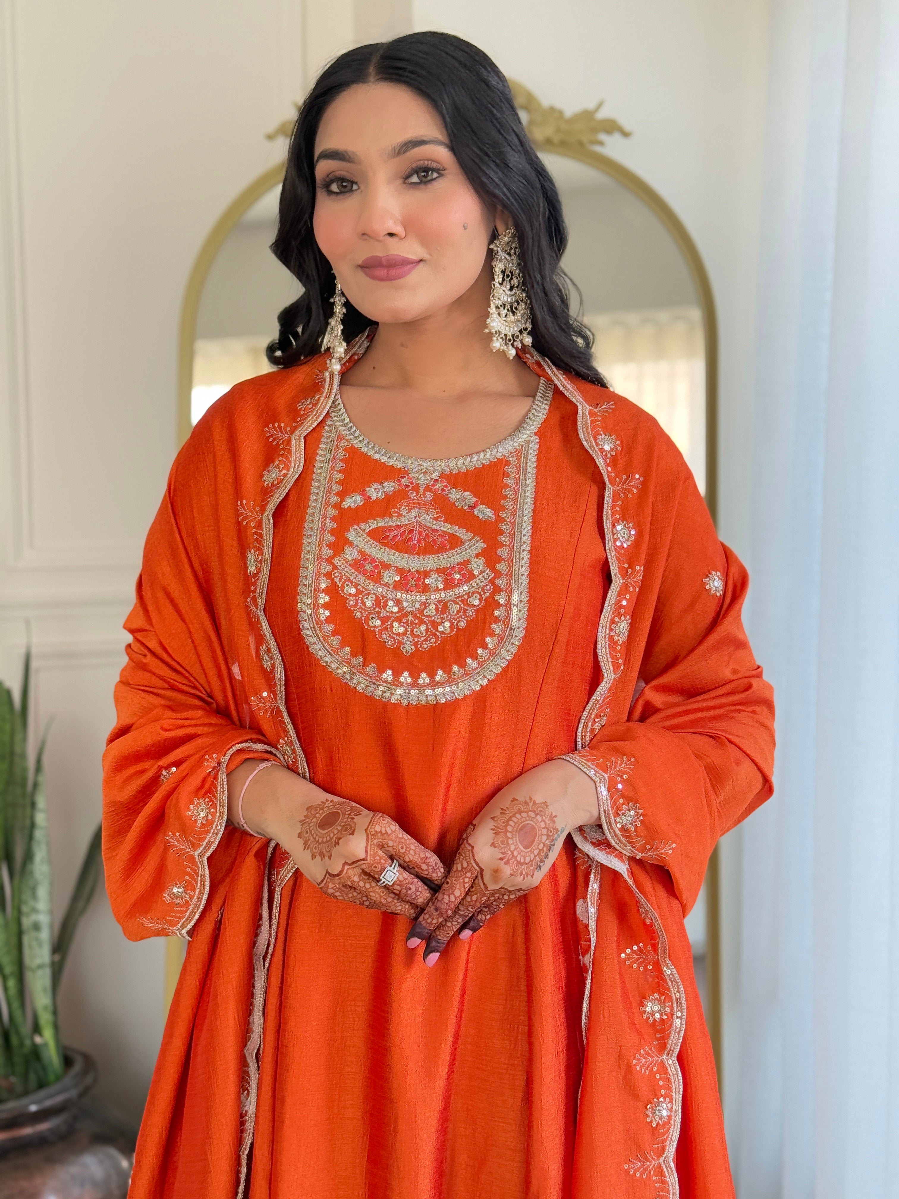 Women’s Orange Vichitra Silk Embroidered Kurta Set with Rayon Pant & Dupatta