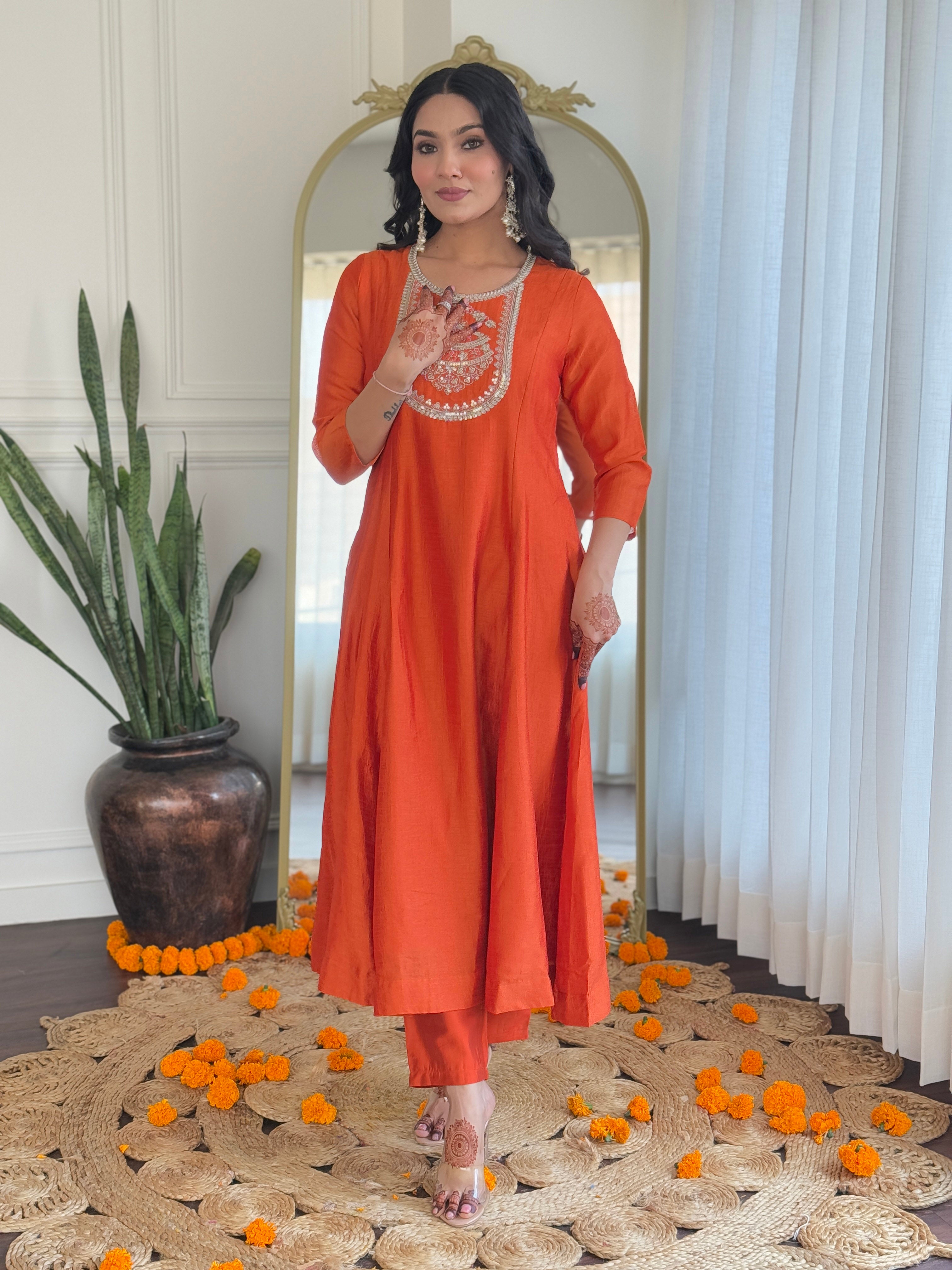 Women’s Orange Vichitra Silk Embroidered Kurta Set with Rayon Pant & Dupatta