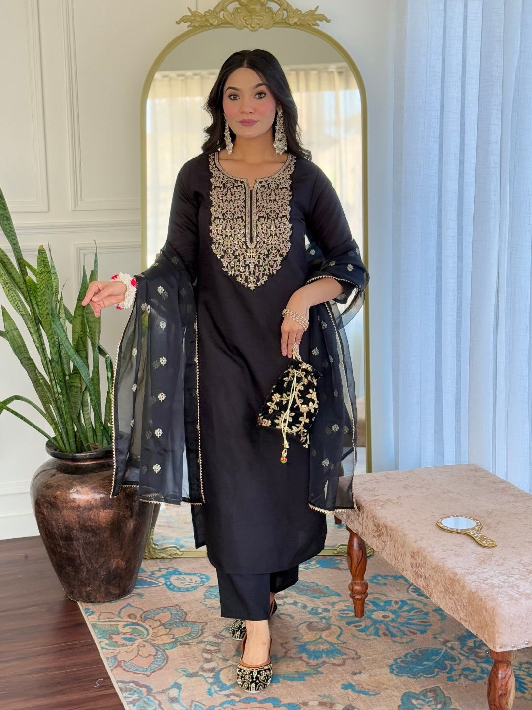 Women’s Black Stylish Embroidered Straight Kurta Set with Viscose Pant & Dupatta