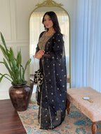 Women’s Black Stylish Embroidered Straight Kurta Set with Viscose Pant & Dupatta