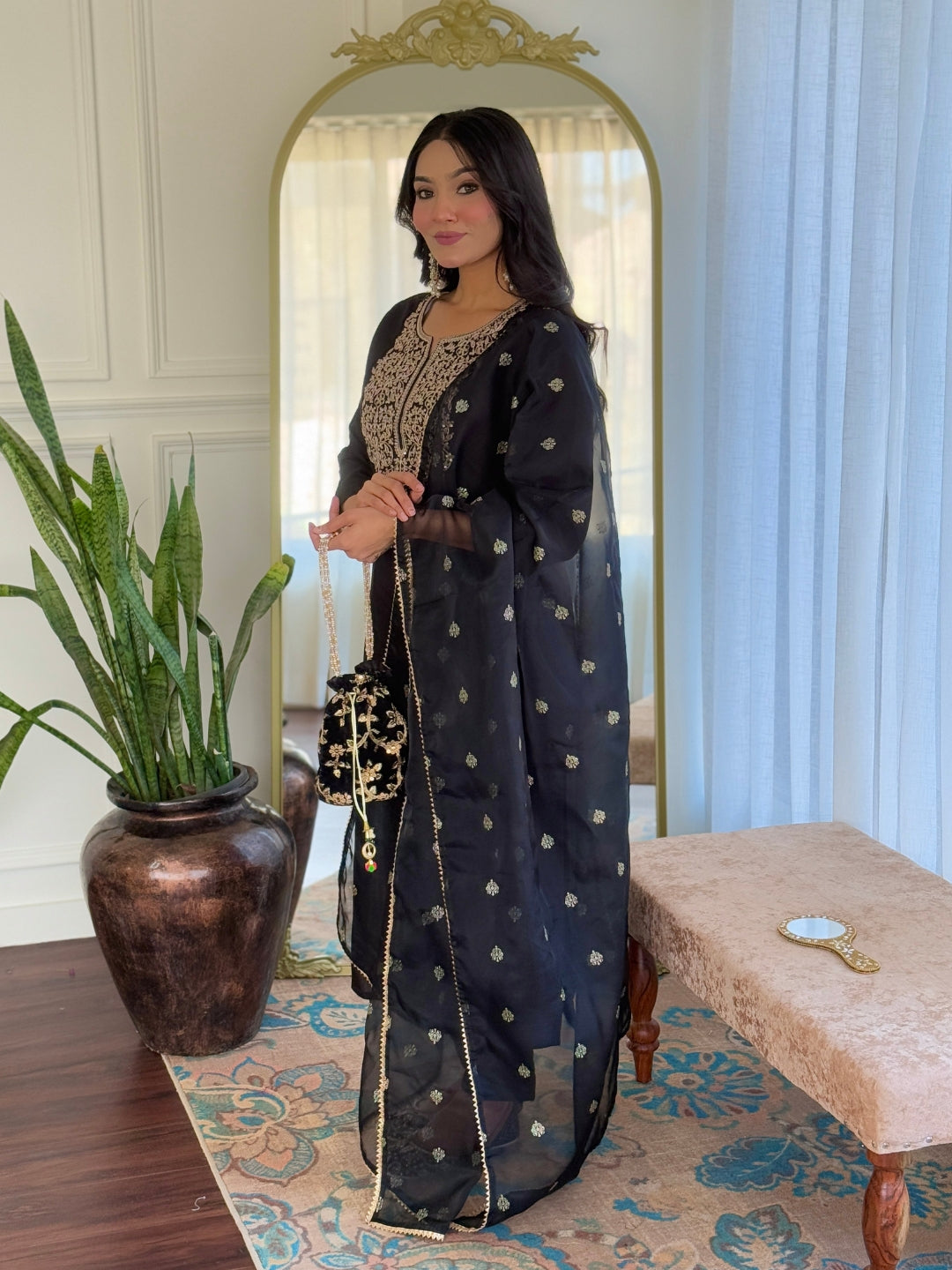 Women’s Black Stylish Embroidered Straight Kurta Set with Viscose Pant & Dupatta