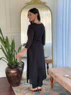 Women’s Black Stylish Embroidered Straight Kurta Set with Viscose Pant & Dupatta
