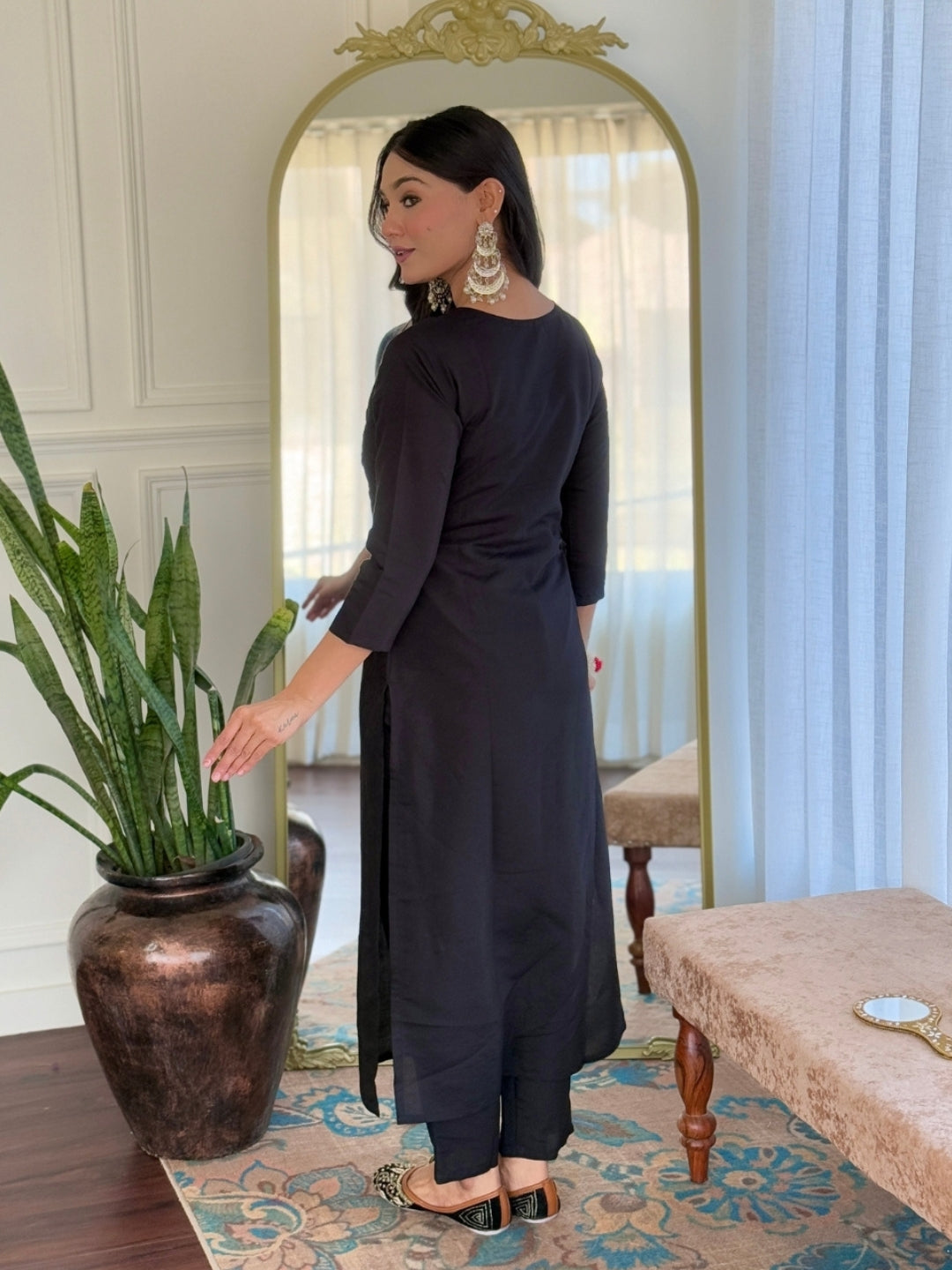 Women’s Black Stylish Embroidered Straight Kurta Set with Viscose Pant & Dupatta