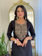 Women’s Black Stylish Embroidered Straight Kurta Set with Viscose Pant & Dupatta
