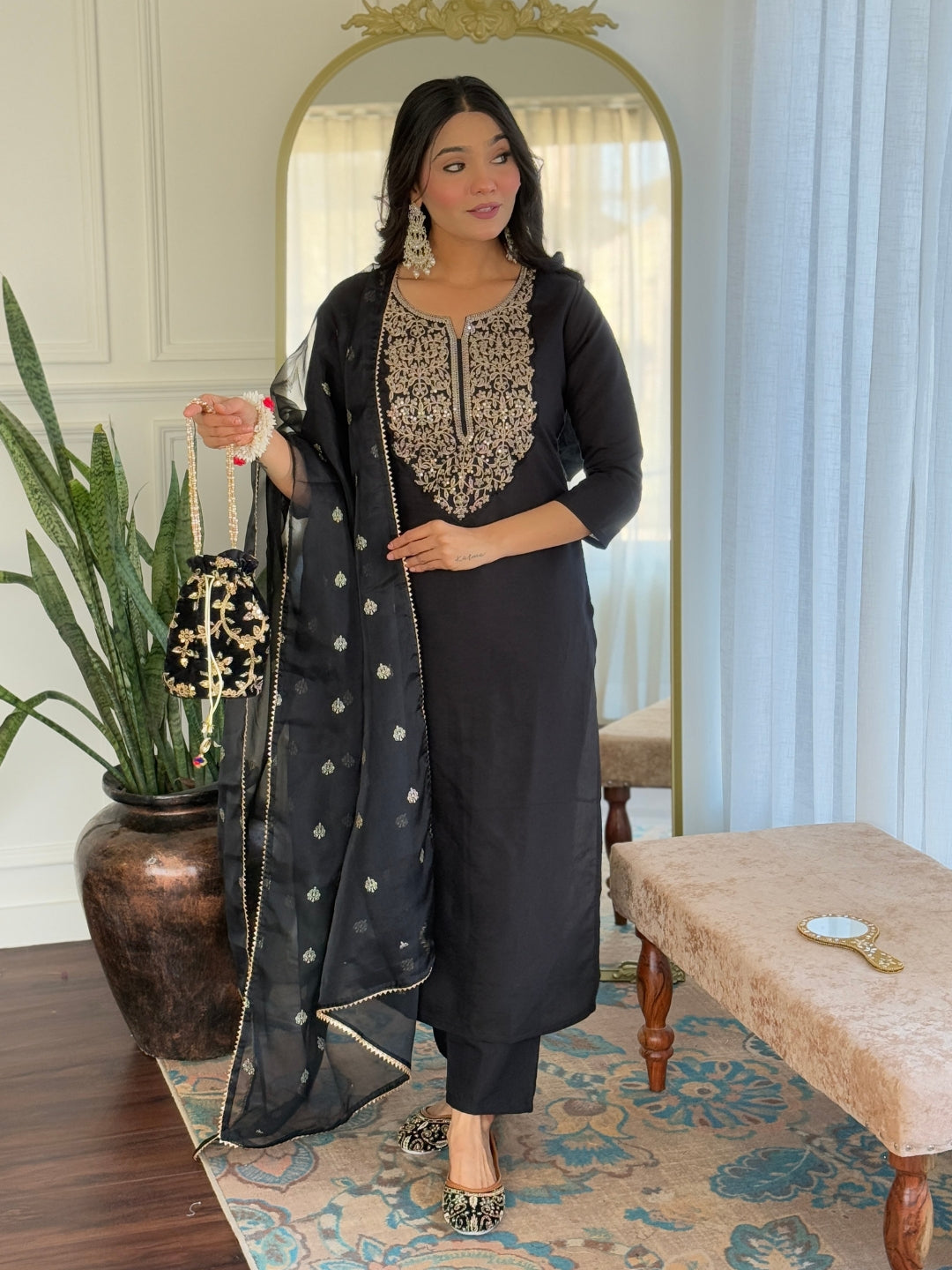 Women’s Black Stylish Embroidered Straight Kurta Set with Viscose Pant & Dupatta