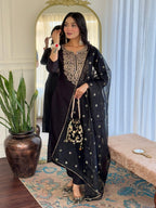Women’s Black Stylish Embroidered Straight Kurta Set with Viscose Pant & Dupatta