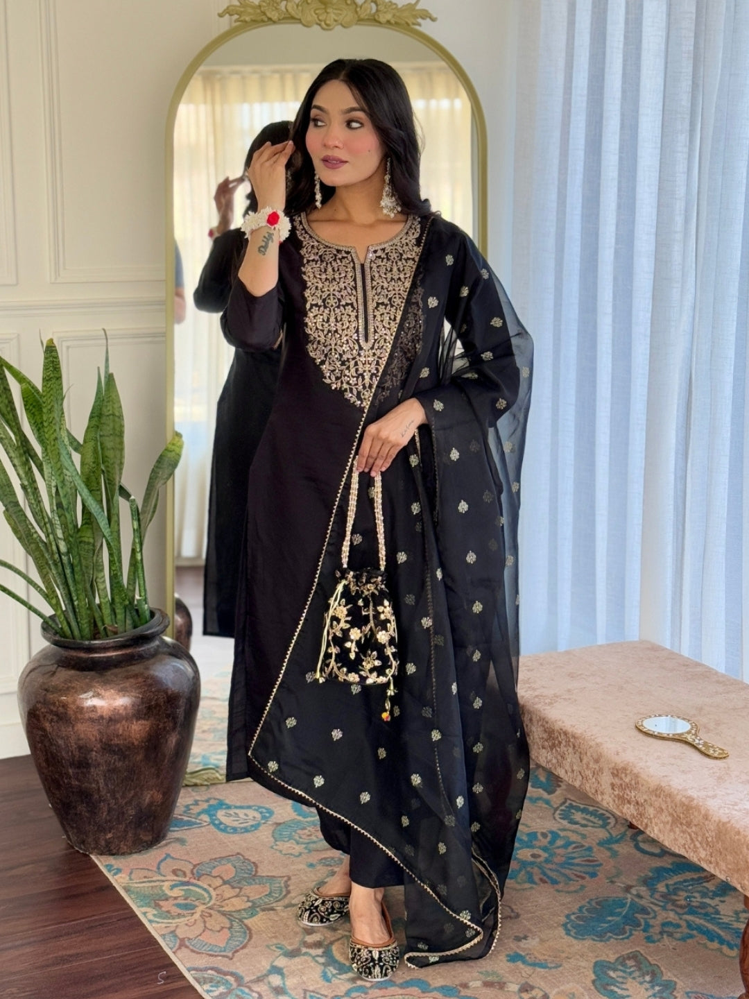 Women’s Black Stylish Embroidered Straight Kurta Set with Viscose Pant & Dupatta