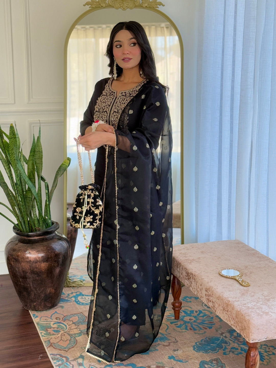 Women’s Black Stylish Embroidered Straight Kurta Set with Viscose Pant & Dupatta