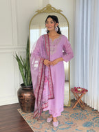 Women’s Lavender Rayon Embroidered Straight Kurta Set with Pant & Taby Printed Dupatta