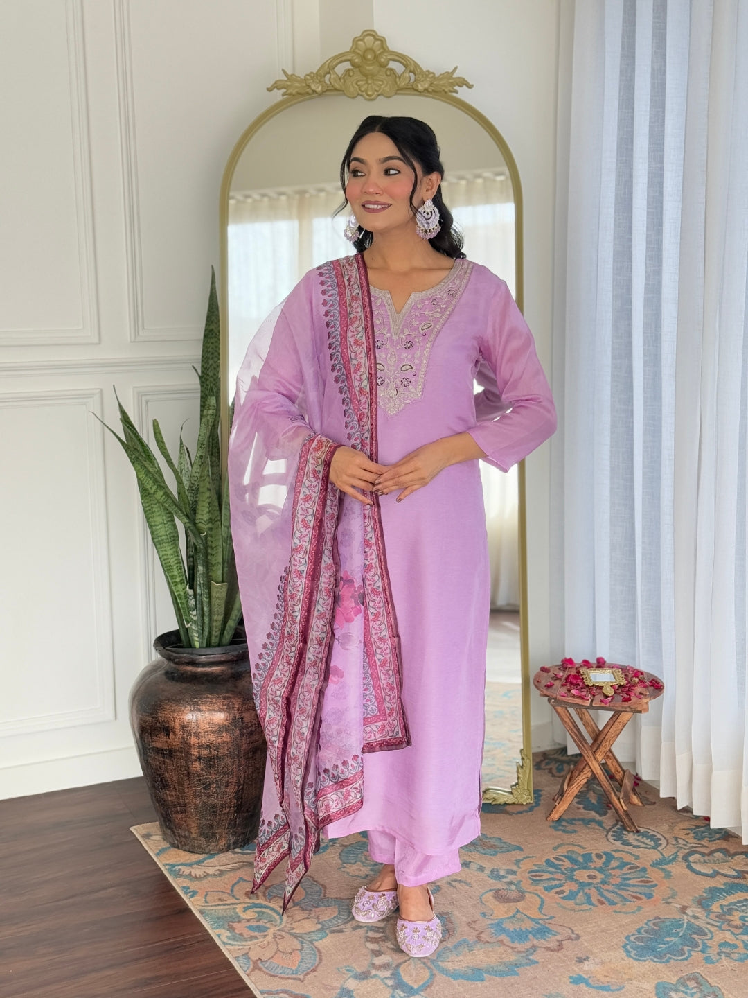 Women’s Lavender Rayon Embroidered Straight Kurta Set with Pant & Taby Printed Dupatta